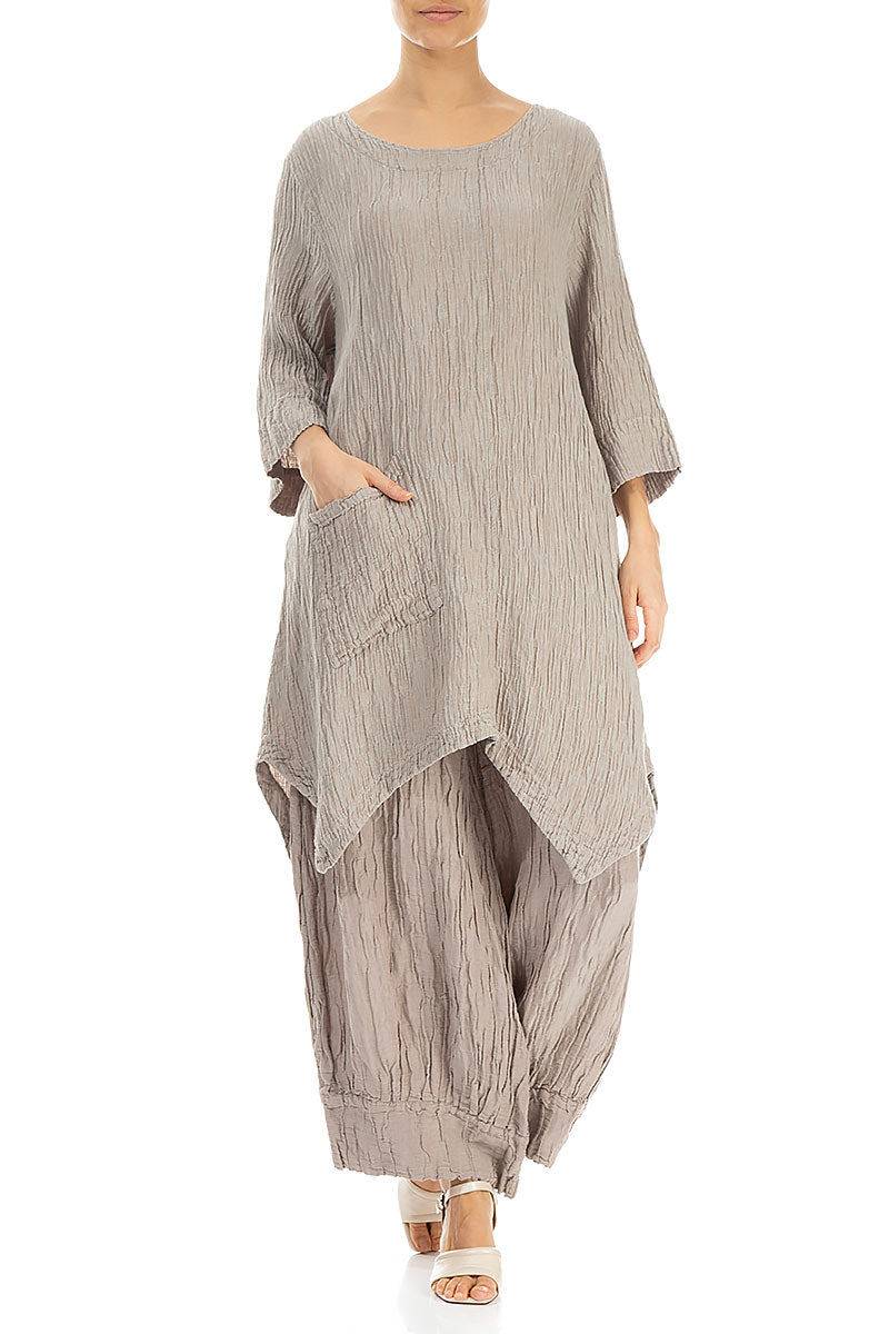 Asymmetric Crinkled Beige Silk Linen Tunic
