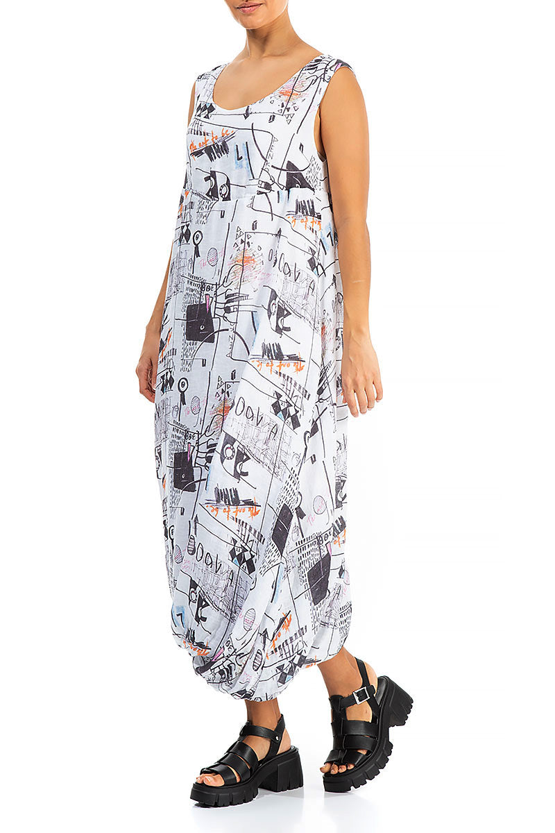 Balloon Hem Street Art Gauze Linen Dress