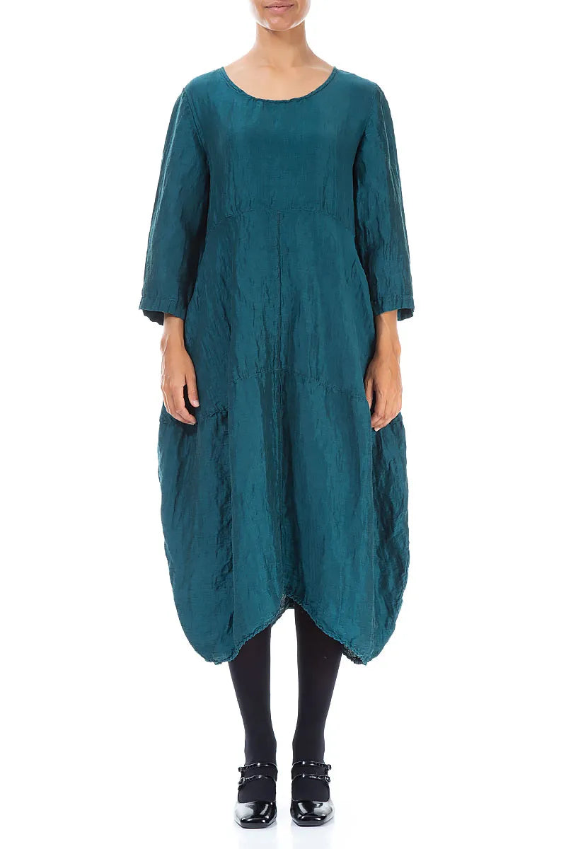 Balloon Textured Peacock Silk Linen Dress