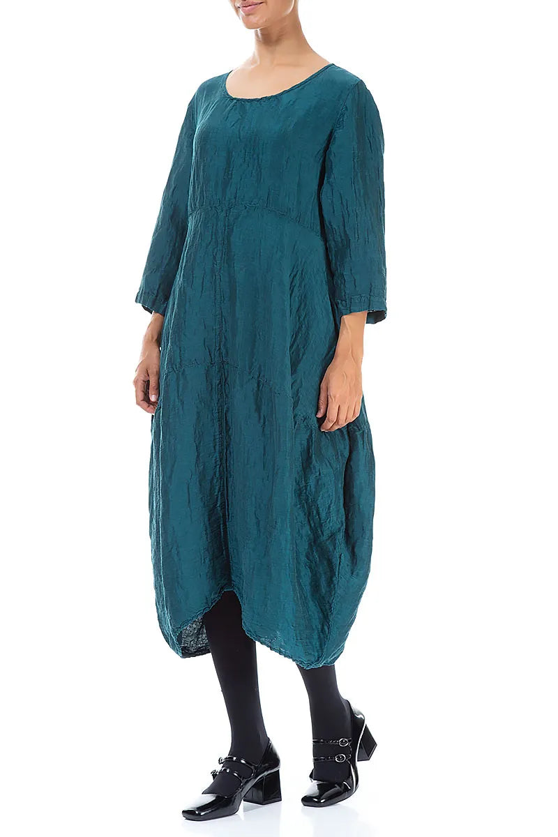 Balloon Textured Peacock Silk Linen Dress