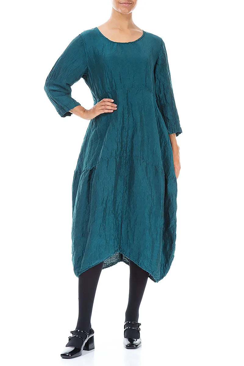 Balloon Textured Peacock Silk Linen Dress