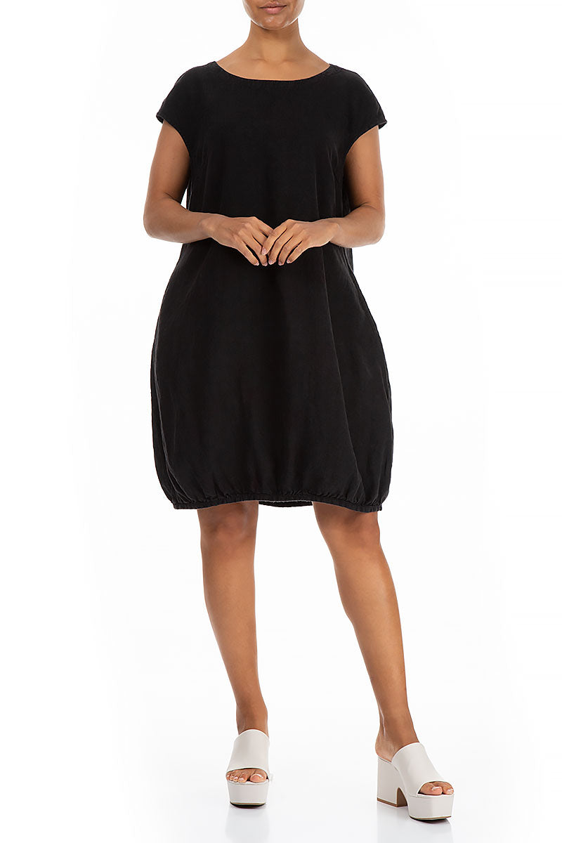 Midi Balloon Black Linen Dress