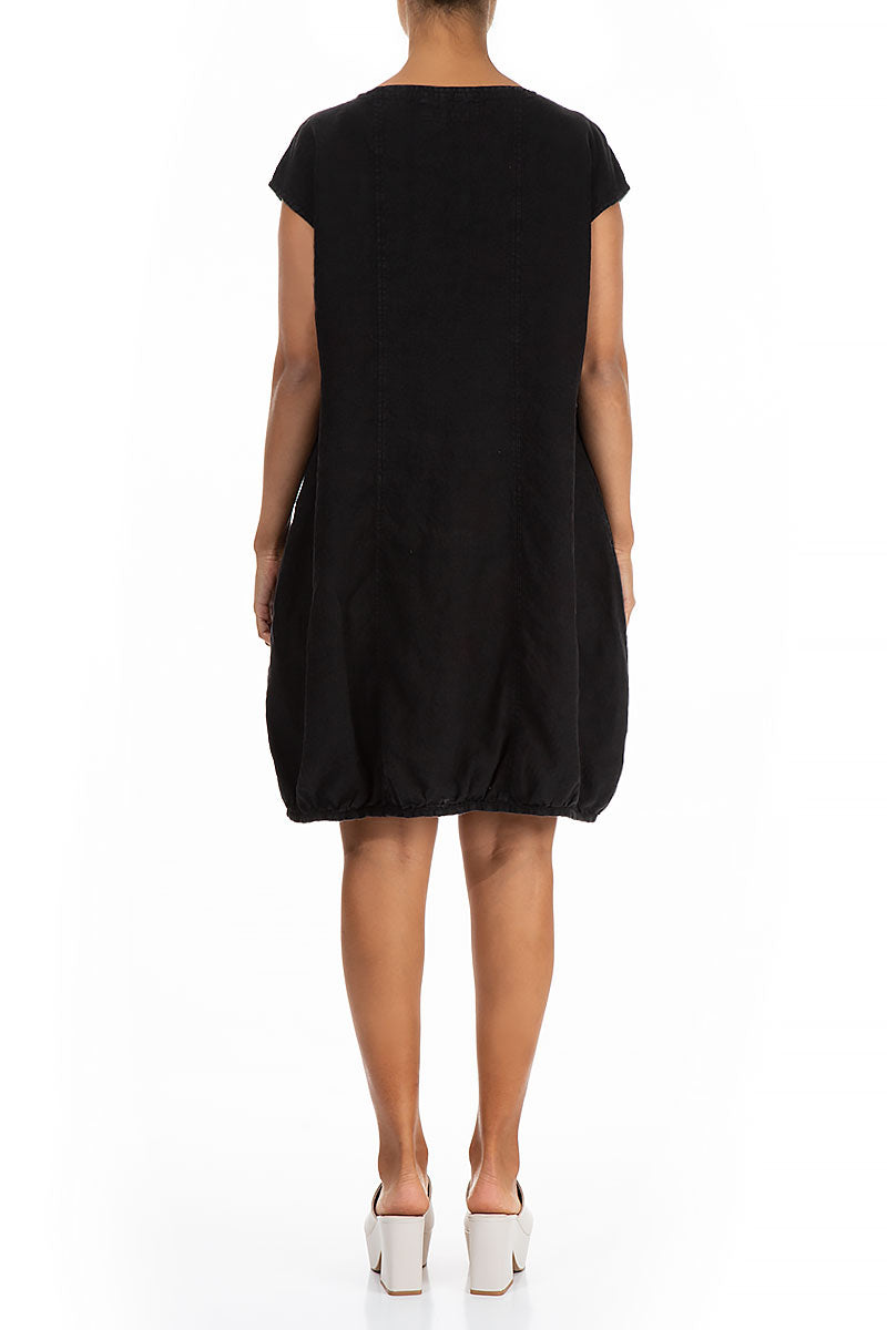 Midi Balloon Black Linen Dress