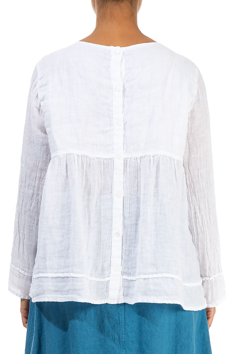 Buttoned Back White Gauze Linen Blouse