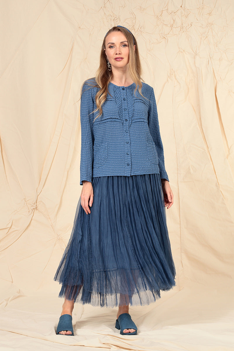 Buttoned Blue Nova Textured Silk Blouse