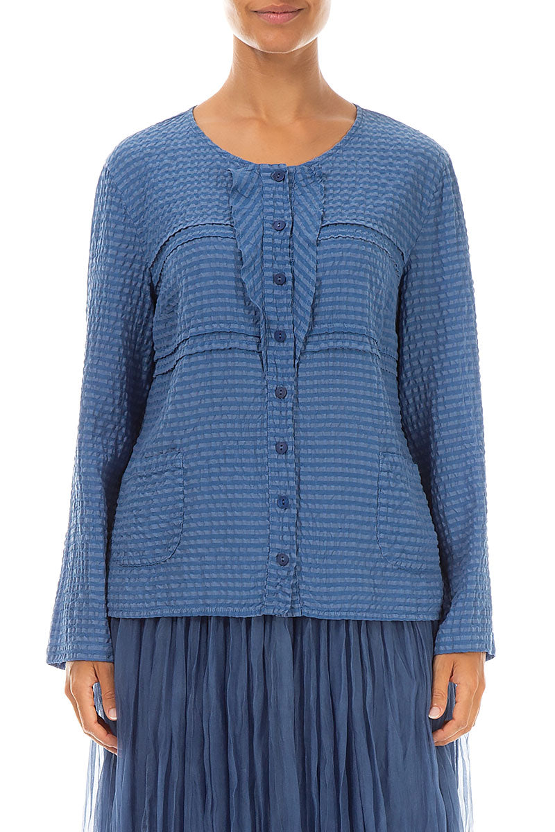Buttoned Blue Nova Textured Silk Blouse
