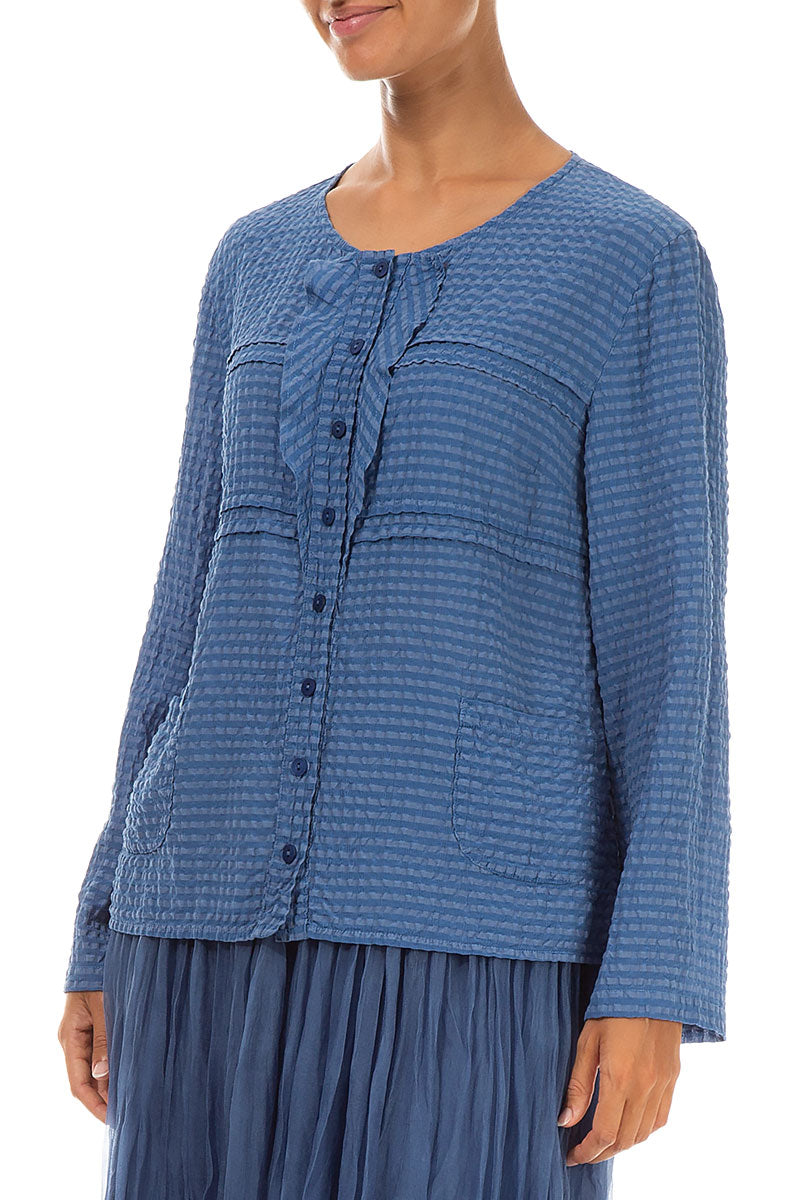 Buttoned Blue Nova Textured Silk Blouse