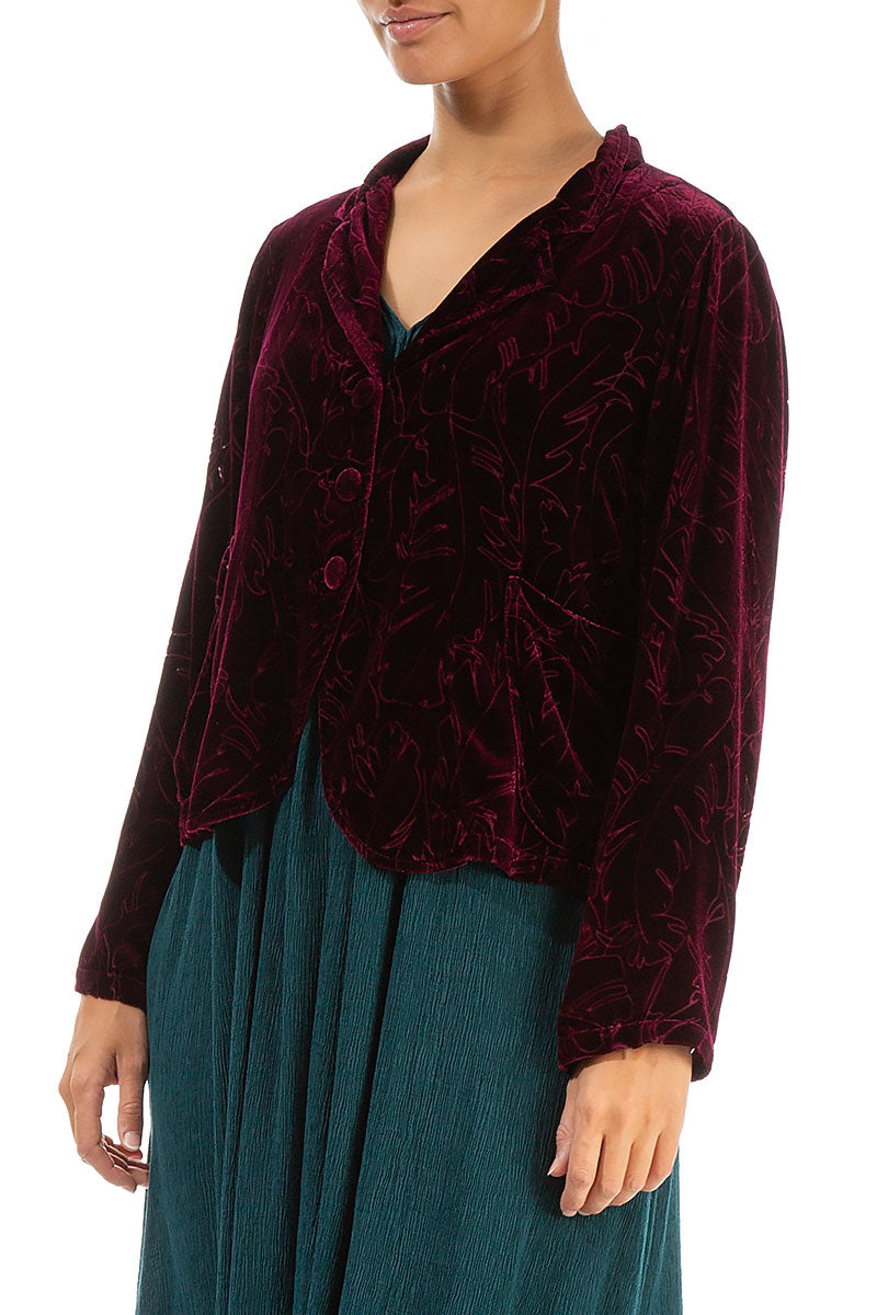 Buttoned Devoré Feather Magenta Silk Velvet Jacket