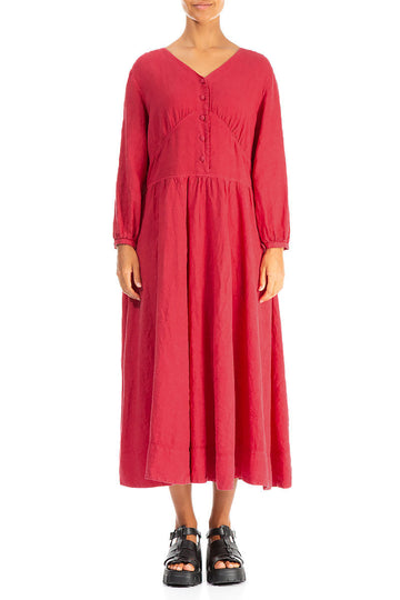Buttoned V-Neck Raspberry Linen Dress