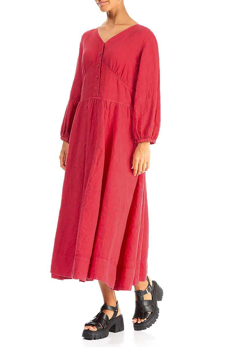 Buttoned V-Neck Raspberry Linen Dress