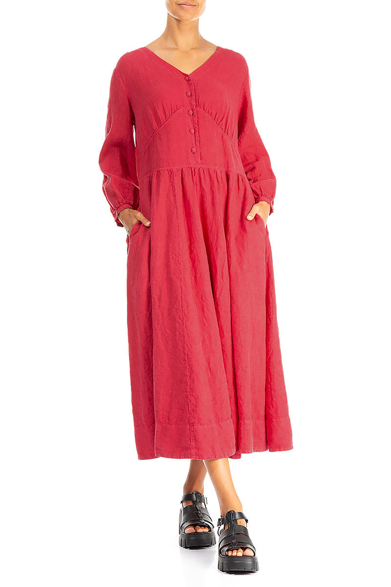 Buttoned V-Neck Raspberry Linen Dress