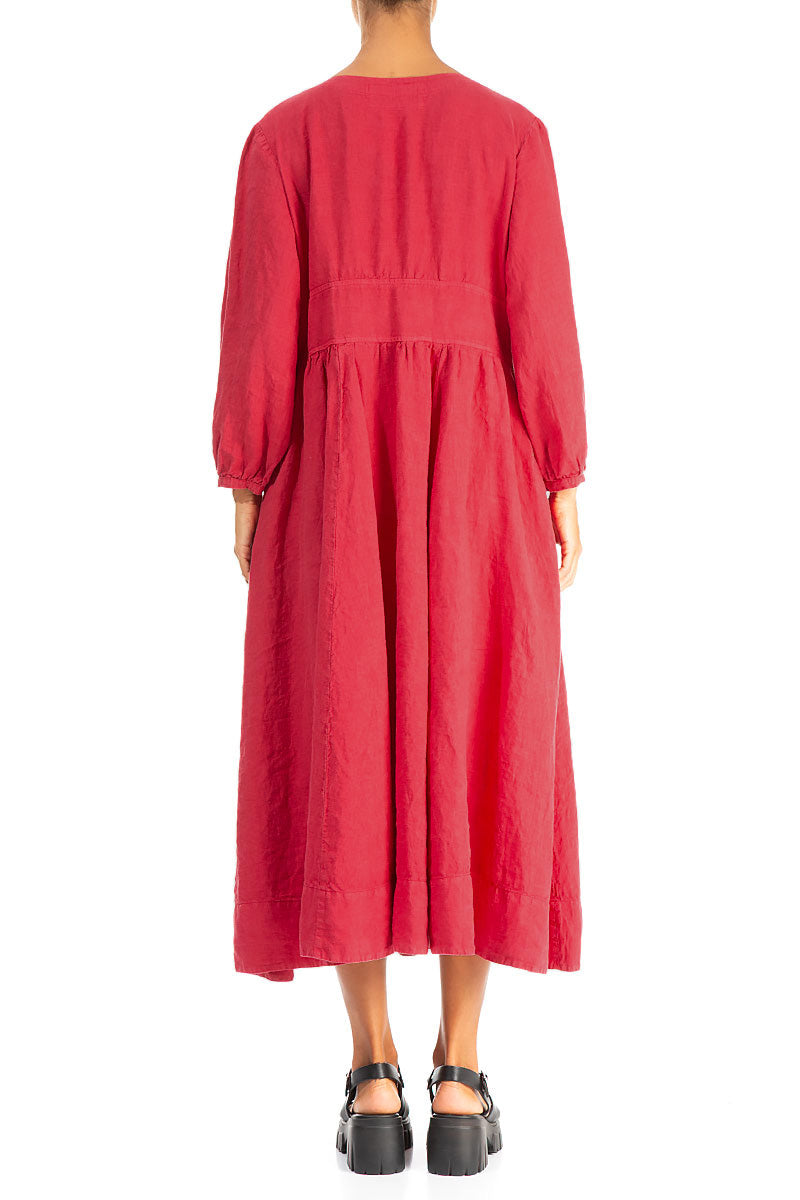 Buttoned V-Neck Raspberry Linen Dress