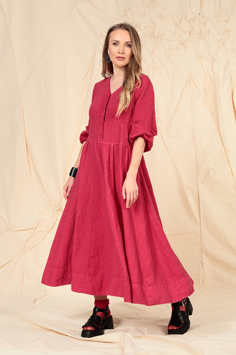 Buttoned V-Neck Raspberry Linen Dress