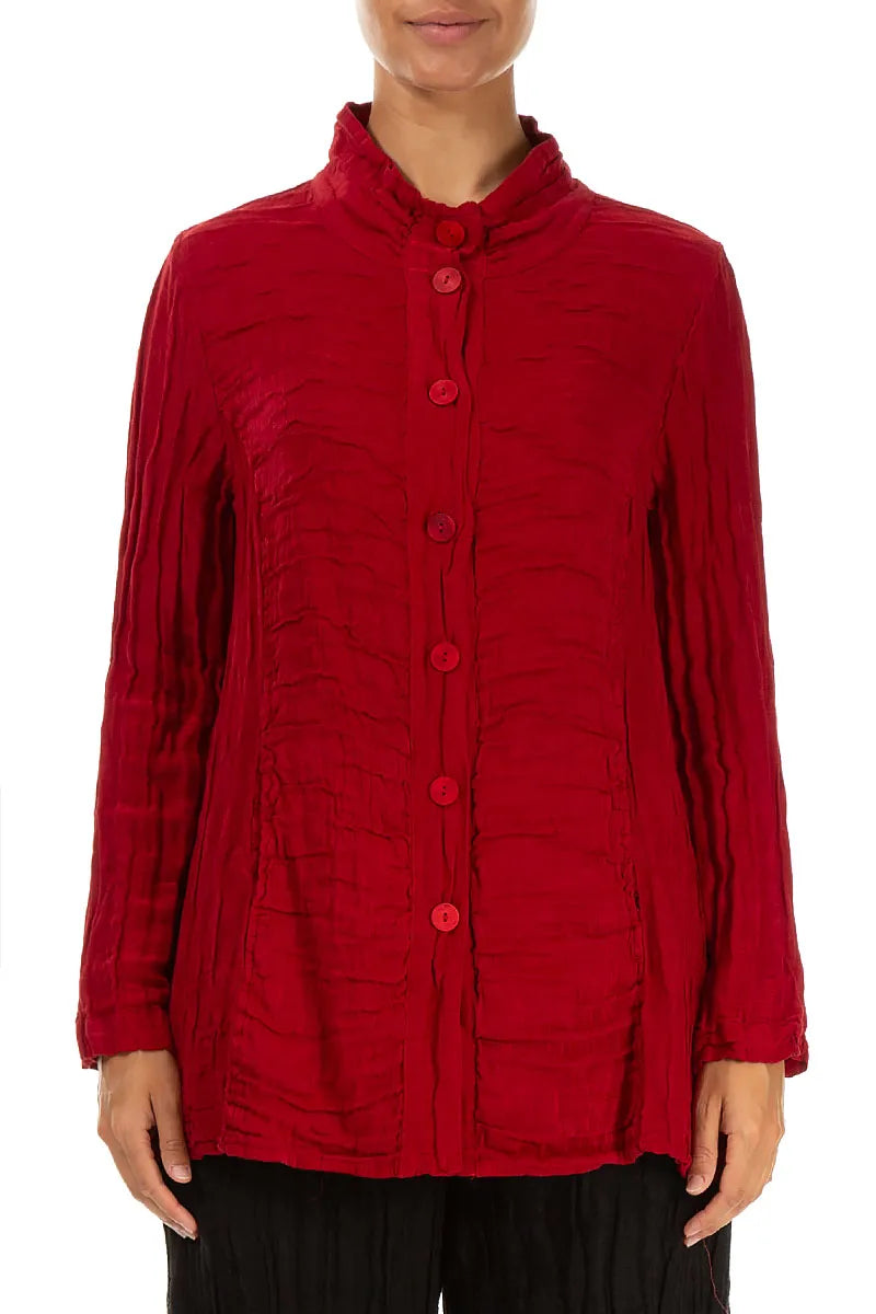 Collar Crinkled Cherry Red Silk Linen Jacket 1