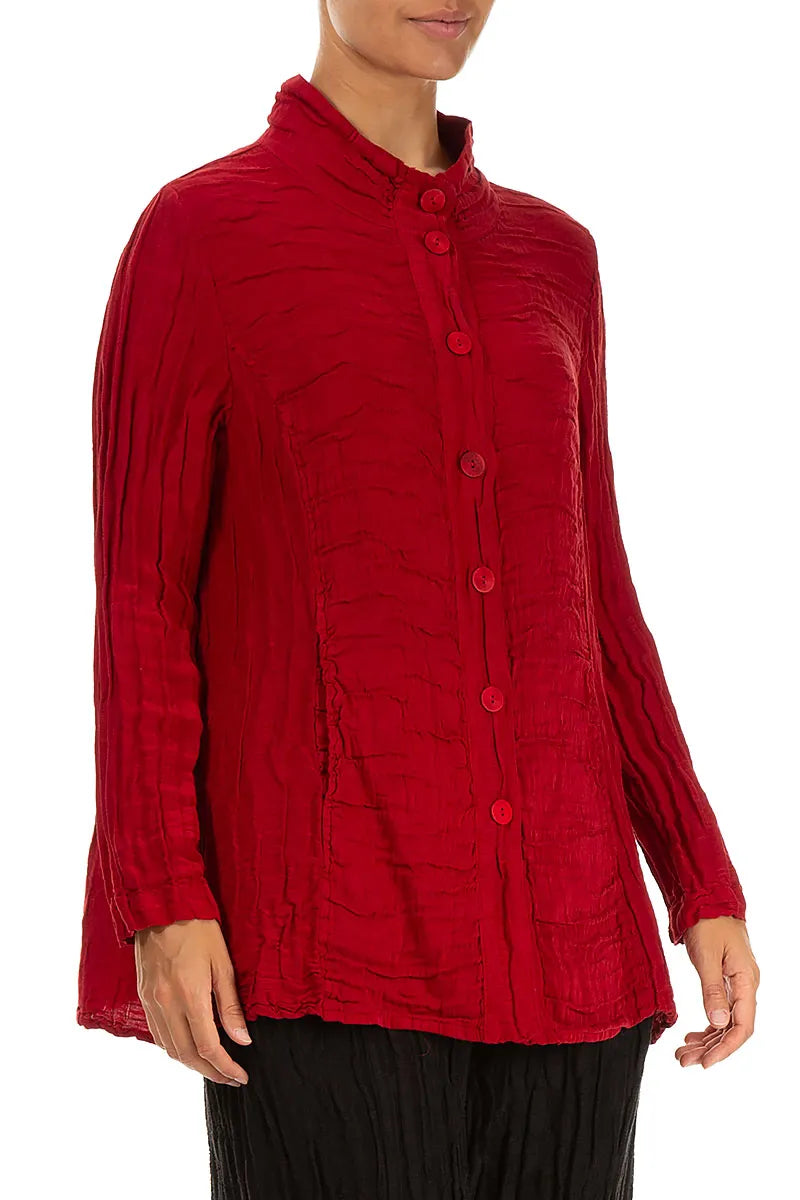 Collar Crinkled Cherry Red Silk Linen Jacket 3