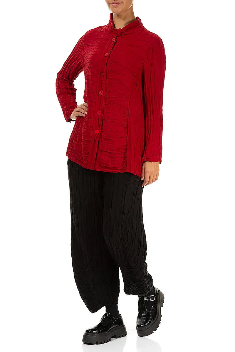 Collar Crinkled Cherry Red Silk Linen Jacket 4