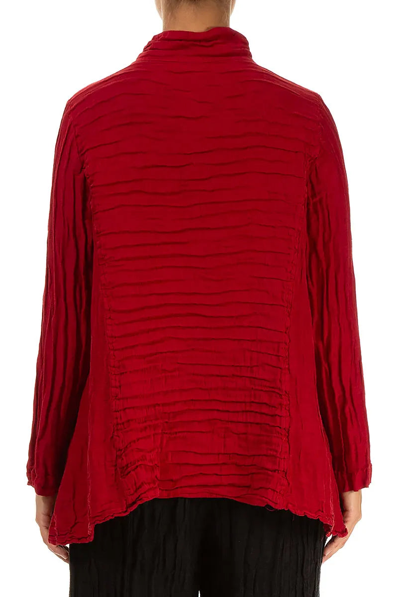 Collar Crinkled Cherry Red Silk Linen Jacket 2