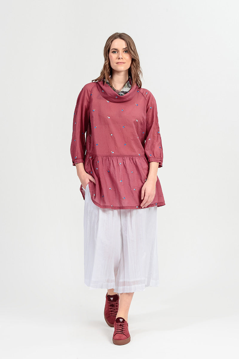 Cowl Neck Antique Ruby Embroidered Petals Cotton Tunic 6