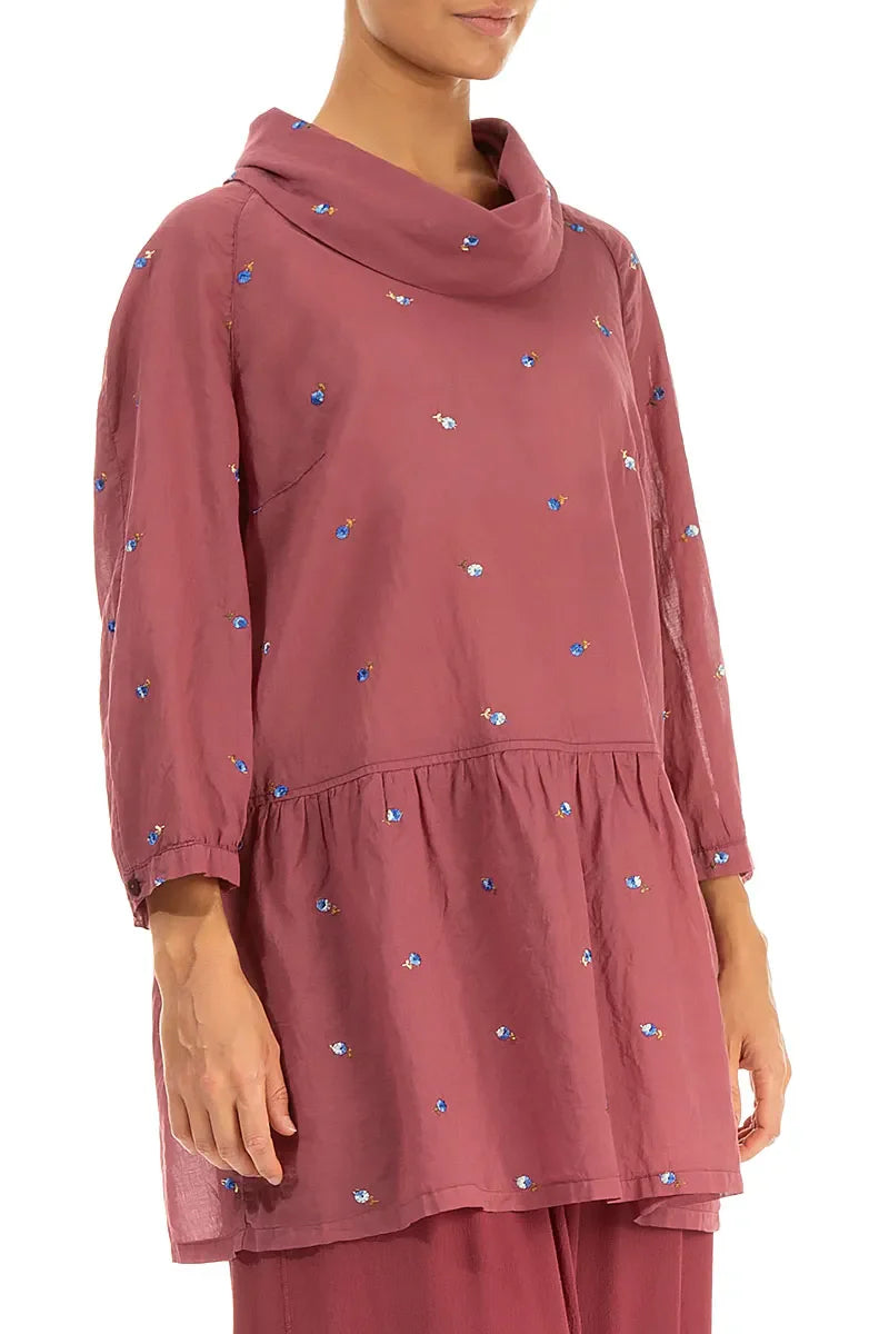 Cowl Neck Antique Ruby Embroidered Petals Cotton Tunic 3