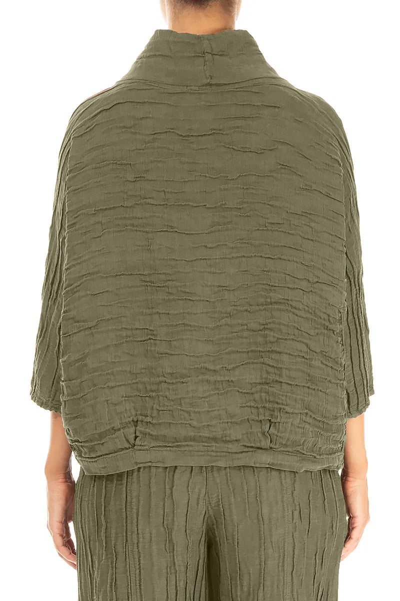 Cowl Neck Crinkled Forest Mist Silk Blouse