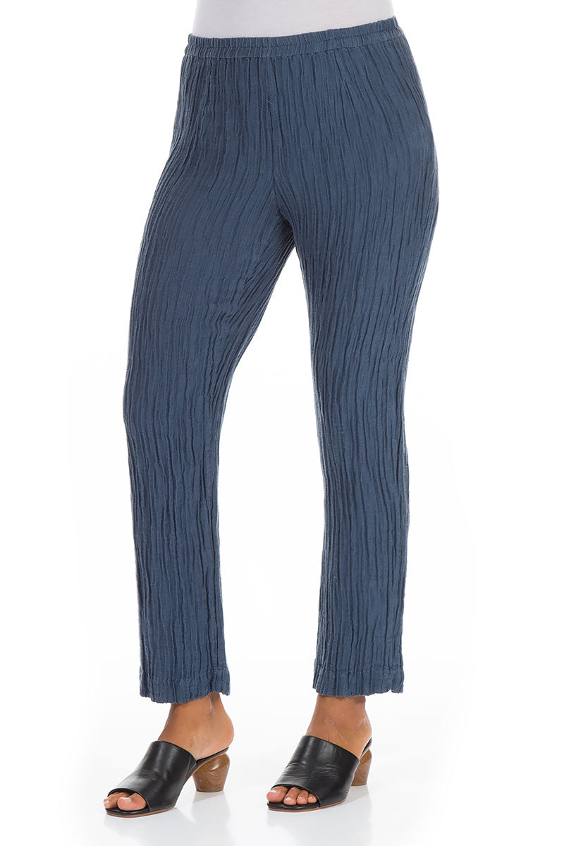 Crinkled Denim Blue Silk Linen Trousers