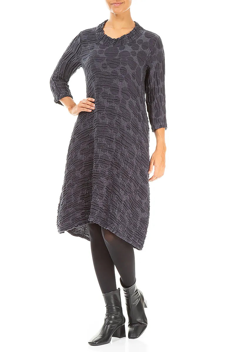 Cropped Sleeves Slate Blue Circle Silk Linen Dress 4