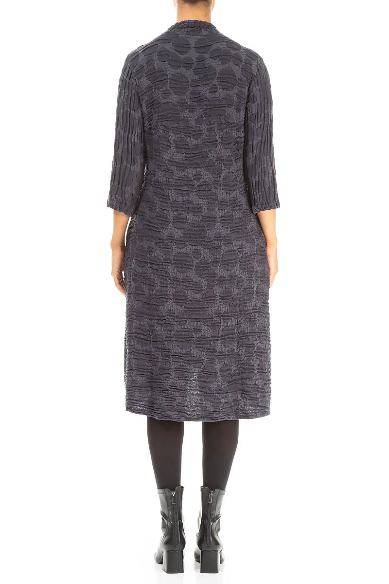 Cropped Sleeves Slate Blue Circle Silk Linen Dress 2