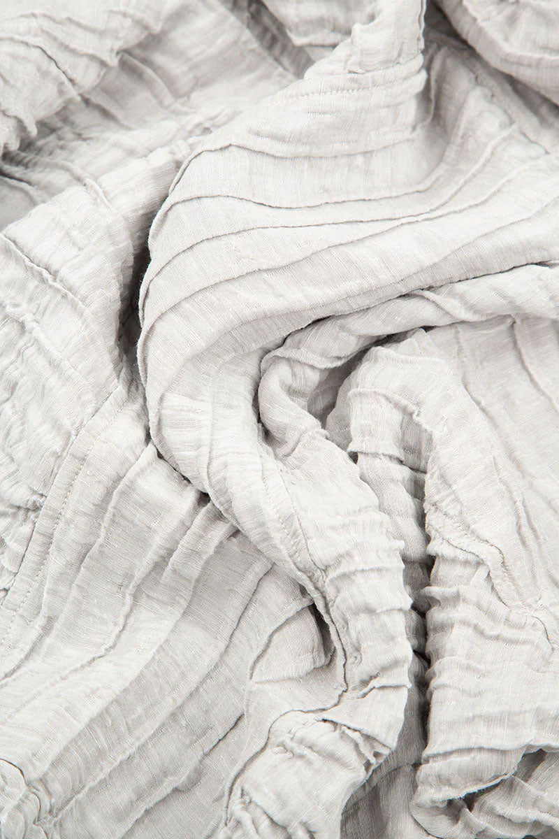 Detailed Balloon Crinkled Cream Silk Dress