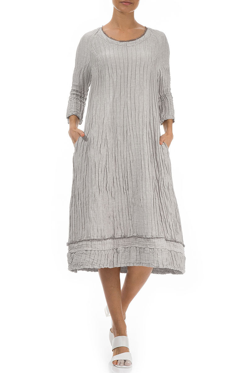 Detailed Balloon Crinkled Cream Silk Dress