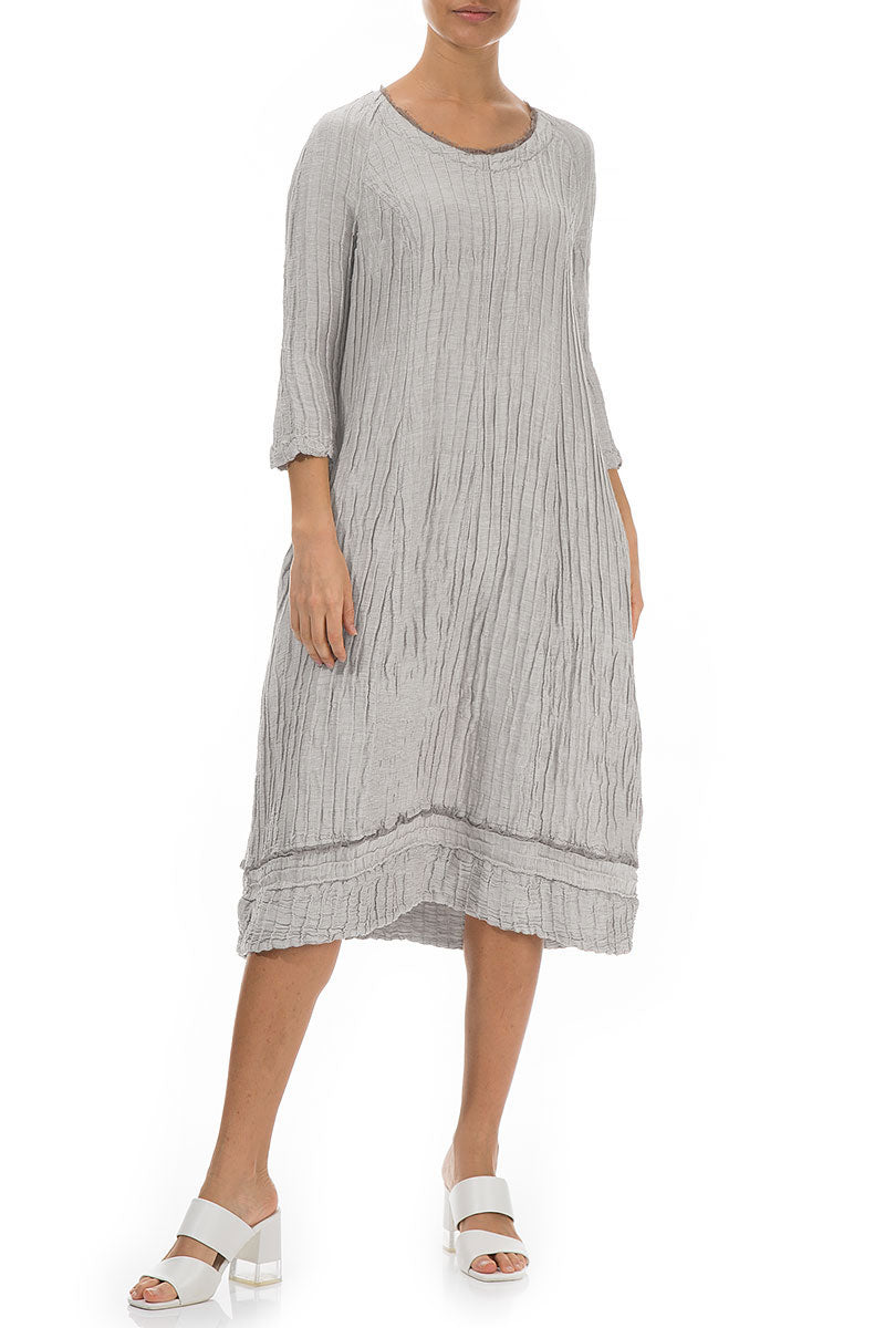 Detailed Balloon Crinkled Cream Silk Dress