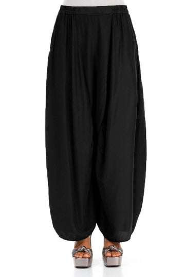Detailed Loose Black Silk Bamboo Trousers