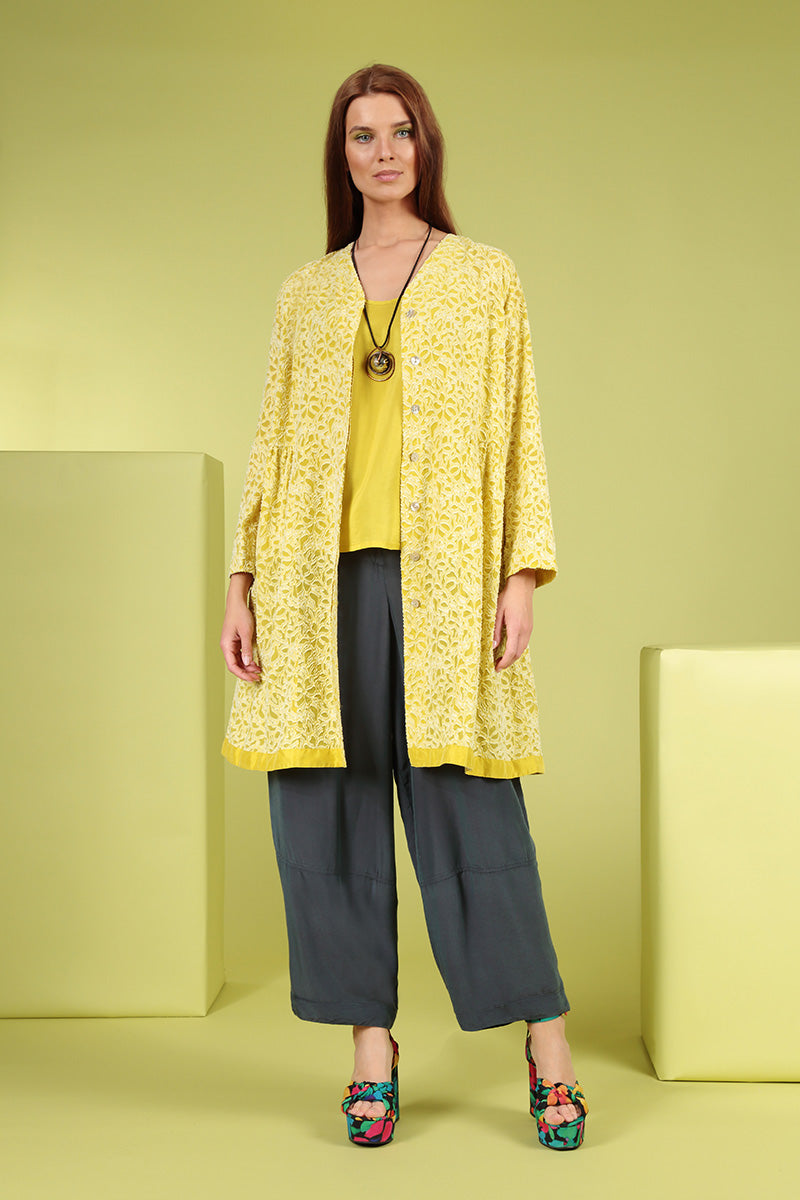 Elegant Floral Cyber Lime Silk Jacket