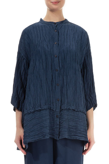 Flared Crinkled Denim Blue Silk Shirt