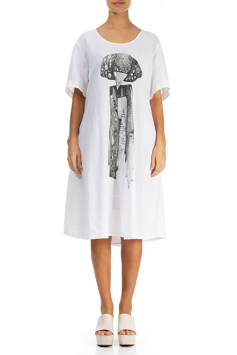 Flared Graphical White Linen Dress