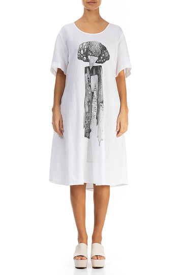 Flared Graphical White Linen Dress