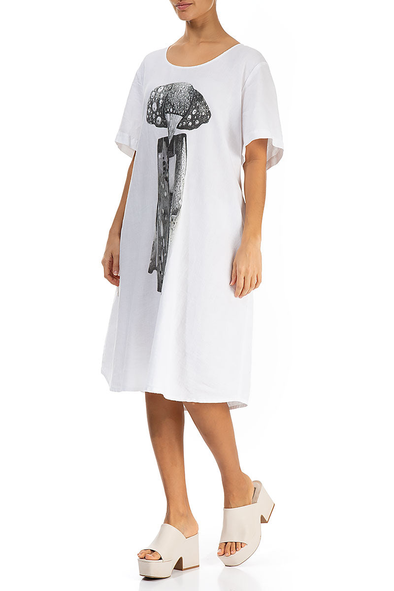 Flared Graphical White Linen Dress