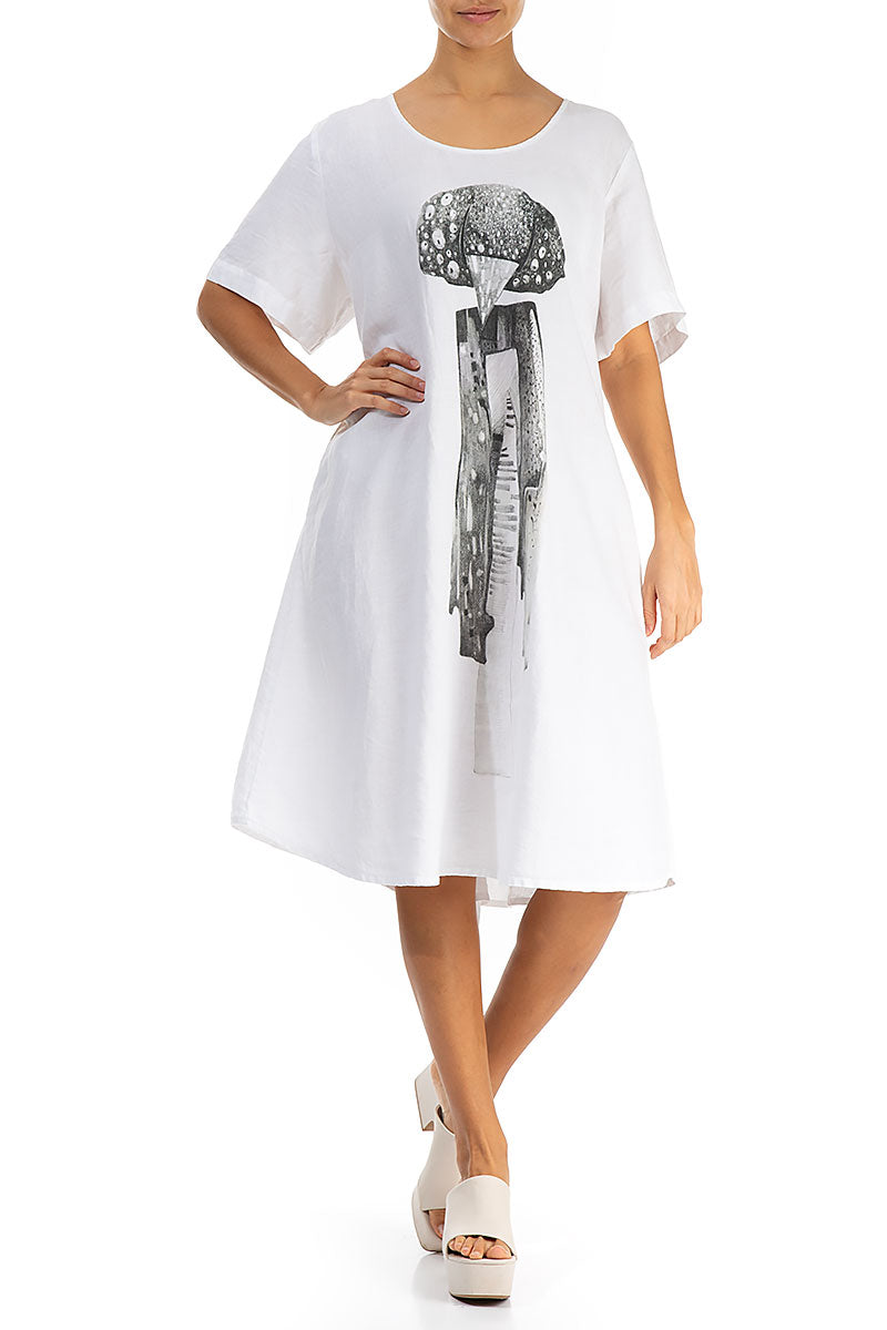 Flared Graphical White Linen Dress