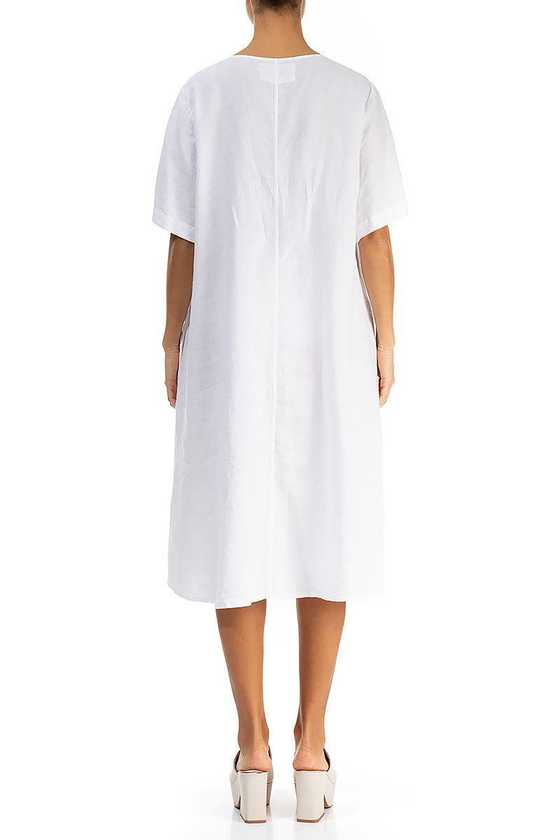 Flared Graphical White Linen Dress