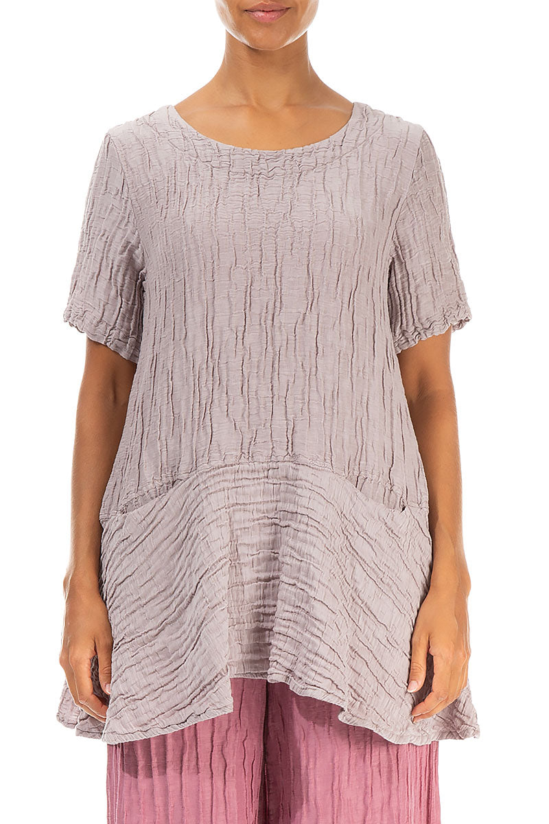 Flared Pockets Crinkled Greige Silk Linen Blouse