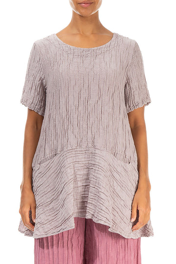 Flared Pockets Crinkled Greige Silk Linen Blouse