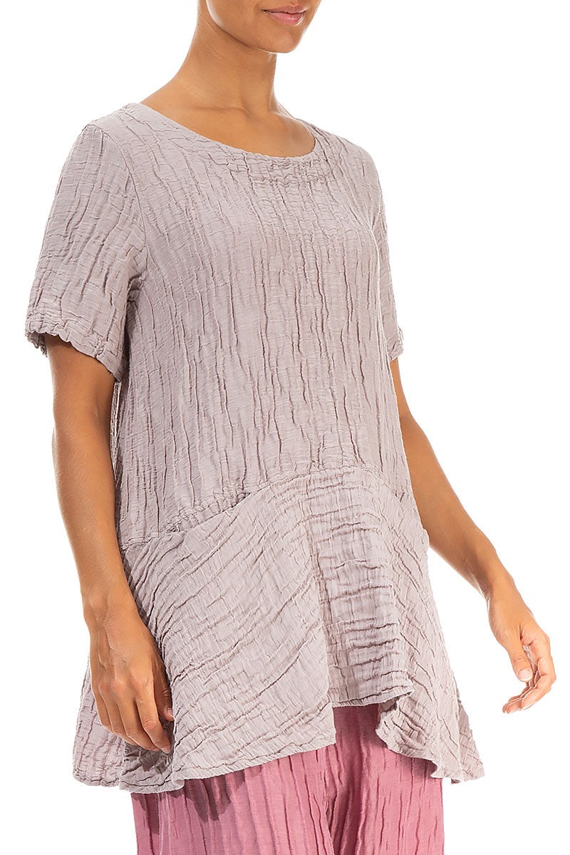 Flared Pockets Crinkled Greige Silk Linen Blouse