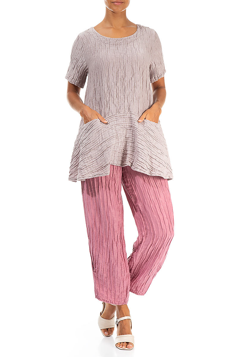 Flared Pockets Crinkled Greige Silk Linen Blouse