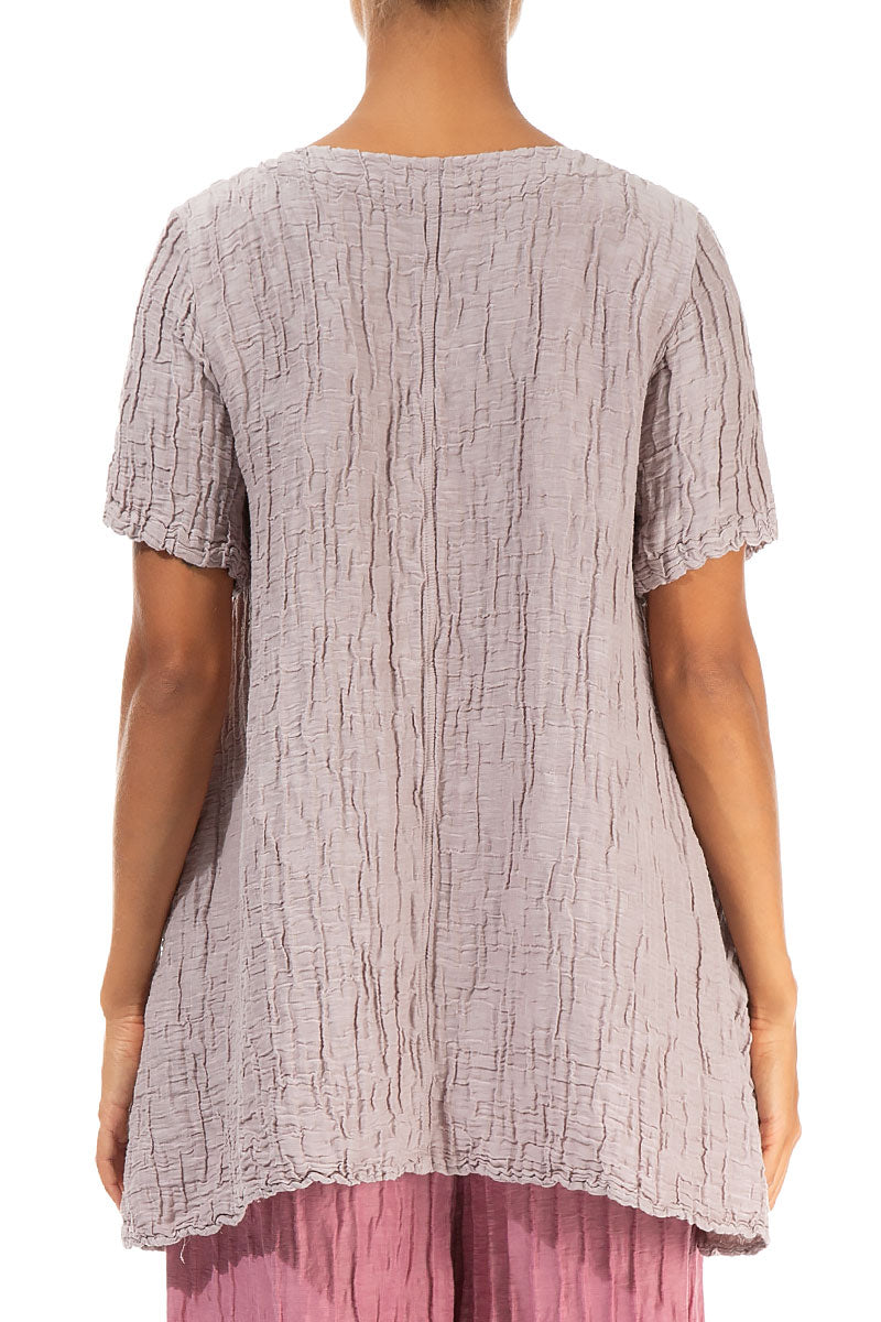 Flared Pockets Crinkled Greige Silk Linen Blouse