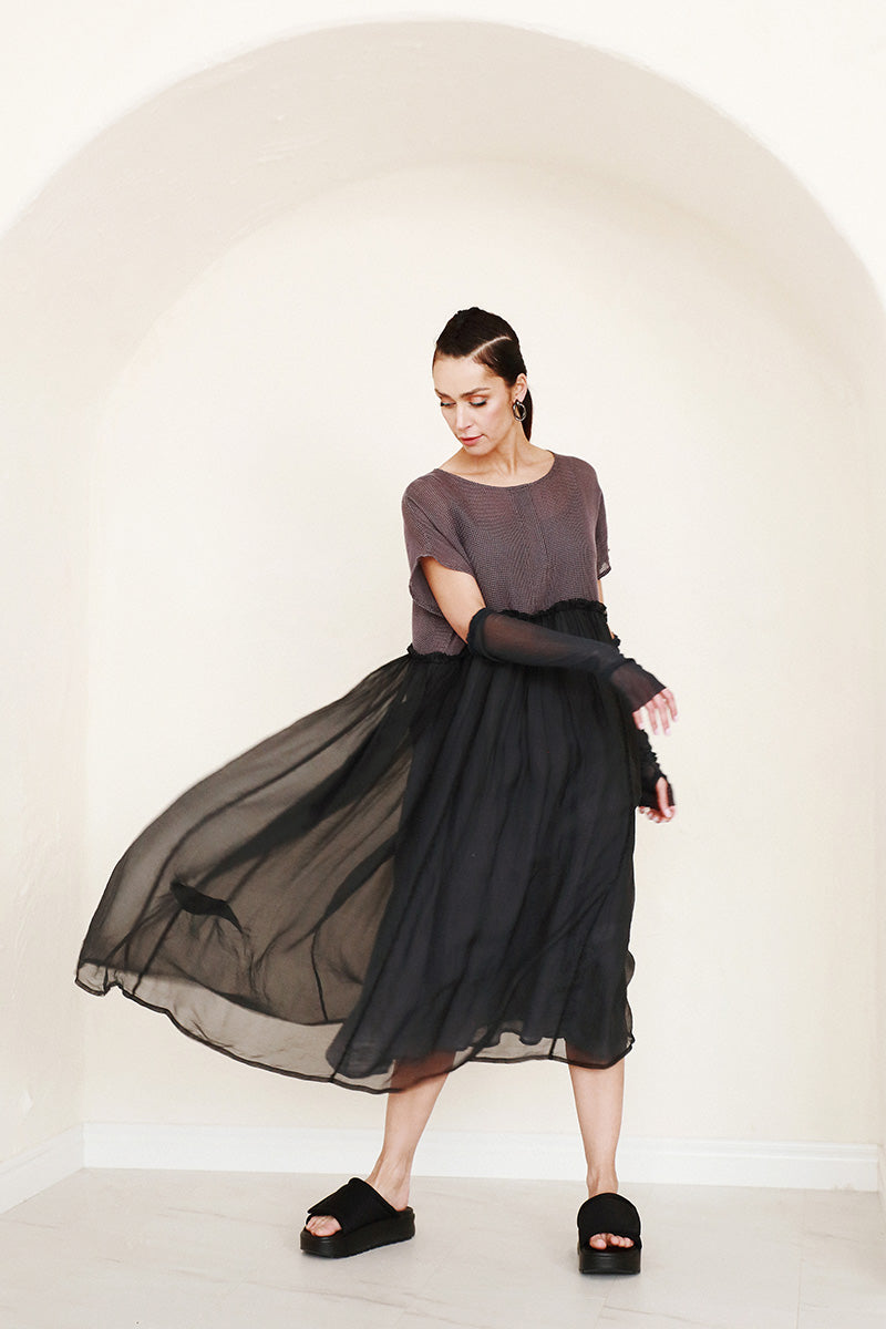 Flowy Graphite Mesh Silk Dress