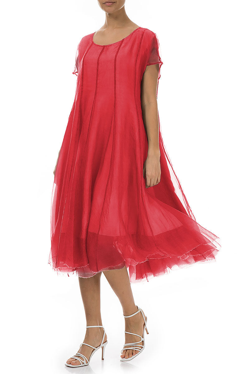 Flowy Poppy Red Silk Chiffon Dress