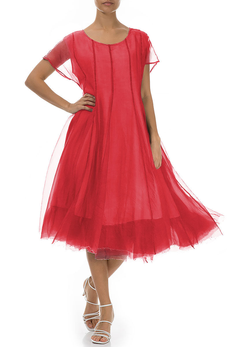 Flowy Poppy Red Silk Chiffon Dress