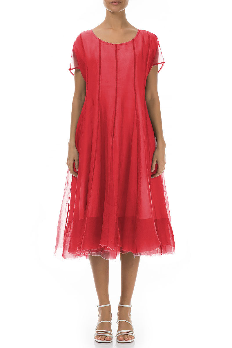 Flowy Poppy Red Silk Chiffon Dress