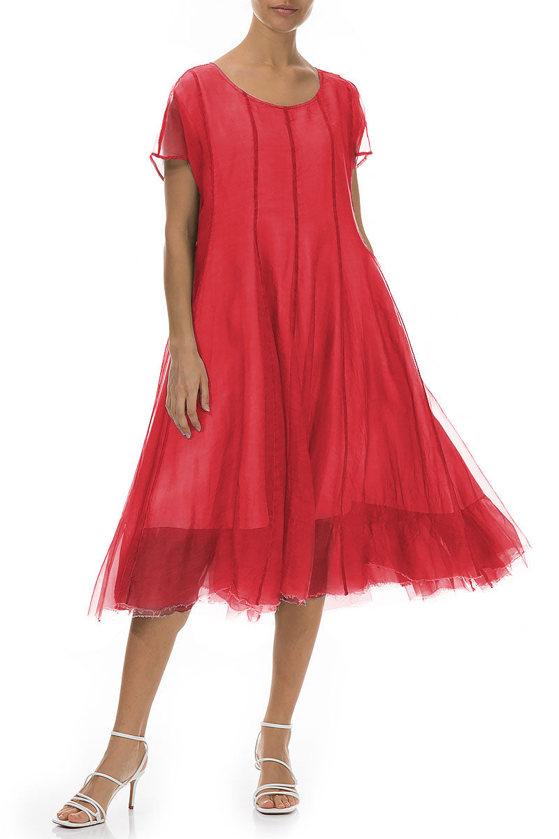Flowy Poppy Red Silk Chiffon Dress