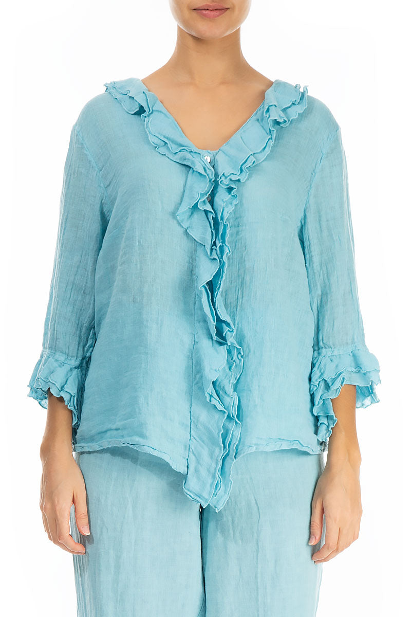 Frilled Ice Blue Linen Blouse