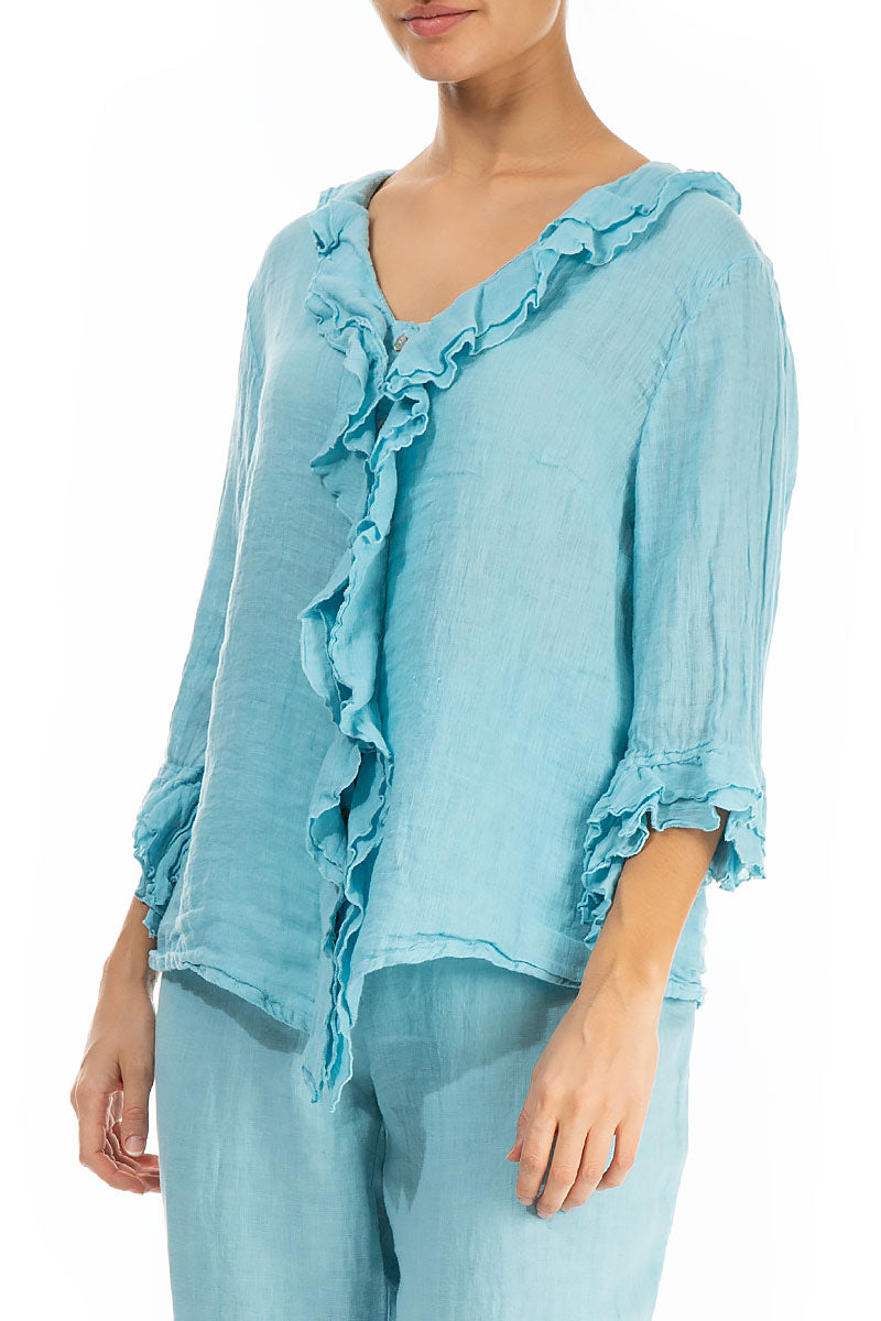 Frilled Ice Blue Linen Blouse